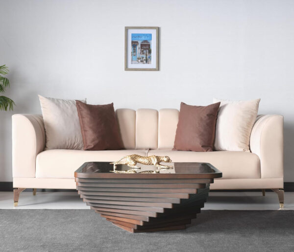 6887d08f5de9cc791fd7d5fa6941ae219d6bd67dd97a45407c56c.jpg Papella Duru Model Sculptural Square Coffee Table – A Modern Art Piece with Architectural Precision, Layered Walnut Symmetry, and a Reflective Black Glass Crown for Timeless Prestige