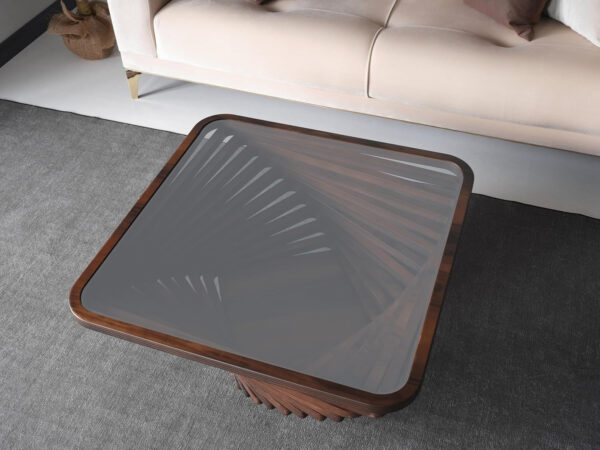 6887d091246805929ca28bd36b90abfaf335f7d4881794d6ff8b9.jpg Papella Duru Model Sculptural Square Coffee Table – A Modern Art Piece with Architectural Precision, Layered Walnut Symmetry, and a Reflective Black Glass Crown for Timeless Prestige