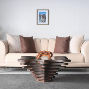 6887d0957c7b9f84161527026ccd5351450fec89a53602284887d.jpg Papella Duru Model Sculptural Square Coffee Table – A Modern Art Piece with Architectural Precision, Layered Walnut Symmetry, and a Reflective Black Glass Crown for Timeless Prestige