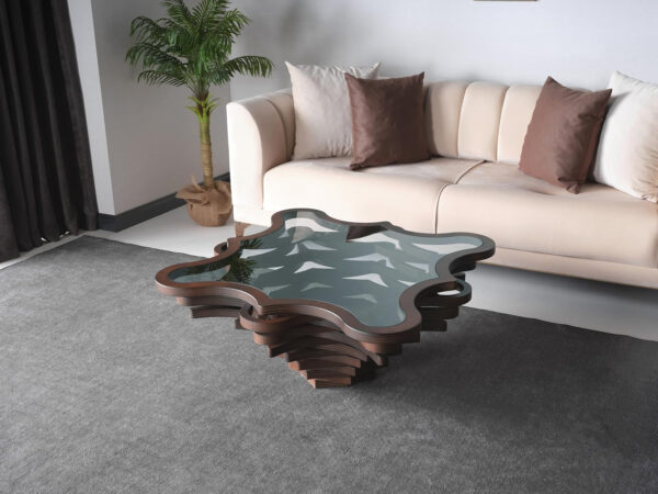 6887d097a87a0b2e445315dae3a30dec2c429edad0e2d48878a64.jpg Papella Duru Model Sculptural Square Coffee Table – A Modern Art Piece with Architectural Precision, Layered Walnut Symmetry, and a Reflective Black Glass Crown for Timeless Prestige