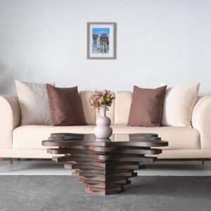 6887d099c4ac830e744453b8b95cbbe3043314e8c74a45a8313e2.jpg Papella Duru Model Sculptural Square Coffee Table – A Modern Art Piece with Architectural Precision, Layered Walnut Symmetry, and a Reflective Black Glass Crown for Timeless Prestige