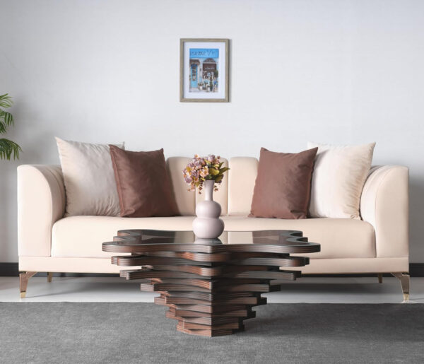 6887d099c4ac830e744453b8b95cbbe3043314e8c74a45a8313e2.jpg Papella Duru Model Sculptural Square Coffee Table – A Modern Art Piece with Architectural Precision, Layered Walnut Symmetry, and a Reflective Black Glass Crown for Timeless Prestige