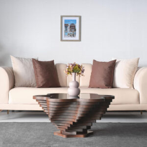 6887d09b9223fe4a7d1a594f330f2c4f7e25f2d42364b04b4e13c.jpg Papella Duru Model Sculptural Square Coffee Table – A Modern Art Piece with Architectural Precision, Layered Walnut Symmetry, and a Reflective Black Glass Crown for Timeless Prestige