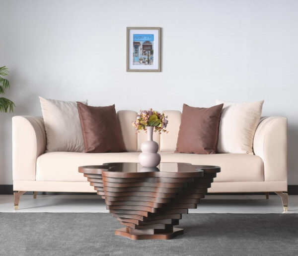 6887d09b9223fe4a7d1a594f330f2c4f7e25f2d42364b04b4e13c.jpg Papella Duru Model Sculptural Square Coffee Table – A Modern Art Piece with Architectural Precision, Layered Walnut Symmetry, and a Reflective Black Glass Crown for Timeless Prestige