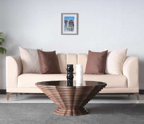 6887d0adb1738e180df40d993dca8cd1b83a2a4e81a6e35c0b972.jpg Papella Duru Model Sculptural Square Coffee Table – A Modern Art Piece with Architectural Precision, Layered Walnut Symmetry, and a Reflective Black Glass Crown for Timeless Prestige