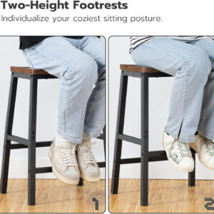 HOOBRO Bar Stools, Set of 2 Bar Chairs, 23.6 Inch Saddle Stools, Kitchen Counter Seat with Footrests, Industrial Barstools for Dining Room, Kitchen, Counter, Rustic Brown and Black BF02MD01