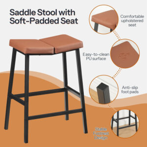 HOOBRO Bar Stools, Set of 2 Bar Chairs, Counter Height Bar Stools, Saddle Barstools & Curved Surface, 24 Inch Kitchen Barstools with Metal Base for Kitchen Counter, Rustic Brown and Black BF28MDP201