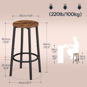HOOBRO Bar Stools, Set of 2 Bar Chairs, Kitchen Round Height Stools with Footrest, Breakfast Bar Stools, Sturdy Steel Frame, for Dining Room, Kitchen, Party, Easy Assembly, Rustic Brown BF03BY01