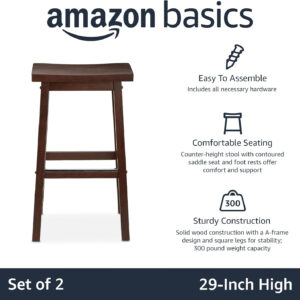 Amazon Basics Solid Wood Saddle-Seat Kitchen Counter Barstool with Footrest, Easy Assembly - 29-Inch Height - White - Set of 2
