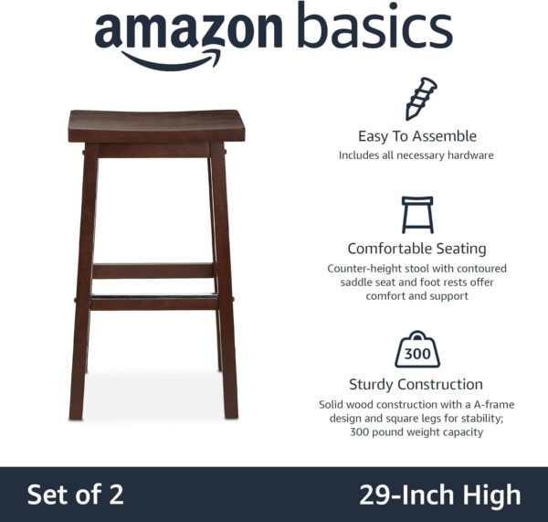 Amazon Basics Solid Wood Saddle-Seat Kitchen Counter Barstool with Footrest, Easy Assembly - 29-Inch Height - White - Set of 2