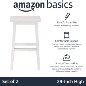 Amazon Basics Solid Wood Saddle-Seat Kitchen Counter Barstool with Footrest, Easy Assembly - 29-Inch Height - White - Set of 2