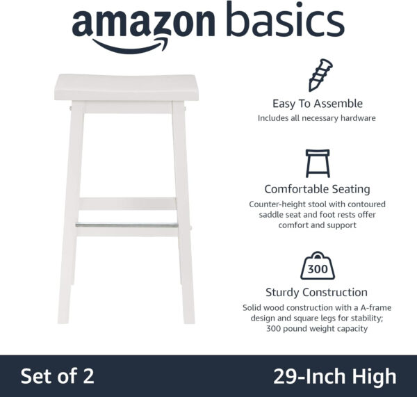 Amazon Basics Solid Wood Saddle-Seat Kitchen Counter Barstool with Footrest, Easy Assembly - 29-Inch Height - White - Set of 2