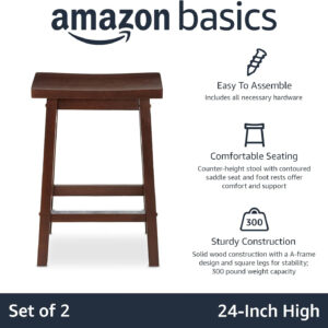 Amazon Basics Solid Wood Saddle-Seat Kitchen Counter Barstool with Footrest, Easy Assembly - 29-Inch Height - White - Set of 2