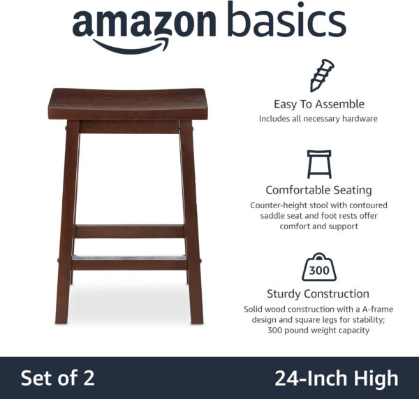 Amazon Basics Solid Wood Saddle-Seat Kitchen Counter Barstool with Footrest, Easy Assembly - 29-Inch Height - White - Set of 2