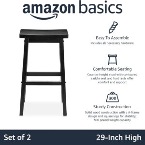 Amazon Basics Solid Wood Saddle-Seat Kitchen Counter Barstool with Footrest, Easy Assembly - 29-Inch Height - White - Set of 2