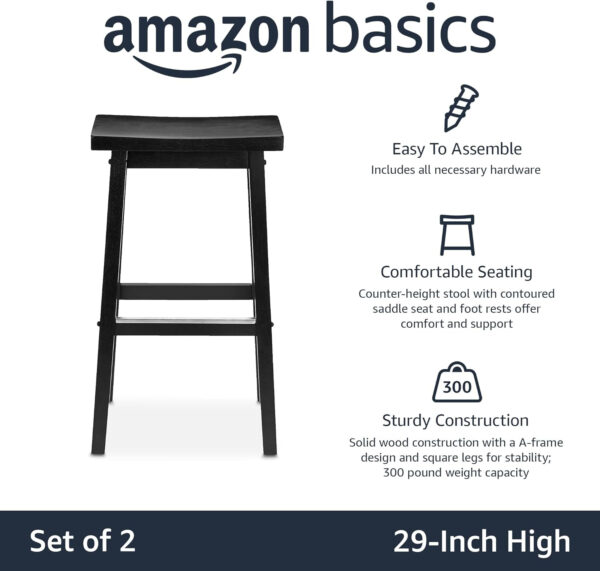 Amazon Basics Solid Wood Saddle-Seat Kitchen Counter Barstool with Footrest, Easy Assembly - 29-Inch Height - White - Set of 2