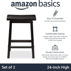 Amazon Basics Solid Wood Saddle-Seat Kitchen Counter Barstool with Footrest, Easy Assembly - 29-Inch Height - White - Set of 2
