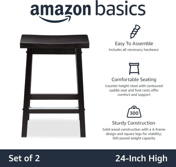 Amazon Basics Solid Wood Saddle-Seat Kitchen Counter Barstool with Footrest, Easy Assembly - 29-Inch Height - White - Set of 2