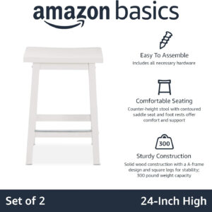 Amazon Basics Solid Wood Saddle-Seat Kitchen Counter Barstool with Footrest, Easy Assembly - 29-Inch Height - White - Set of 2