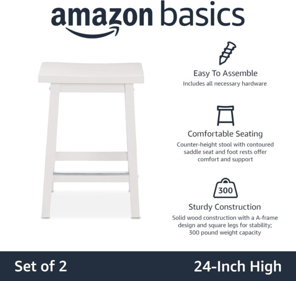 Amazon Basics Solid Wood Saddle-Seat Kitchen Counter Barstool with Footrest, Easy Assembly - 29-Inch Height - White - Set of 2