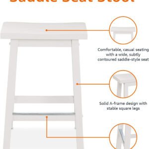 Amazon Basics Solid Wood Saddle-Seat Kitchen Counter Barstool with Footrest, Easy Assembly - 29-Inch Height - White - Set of 2