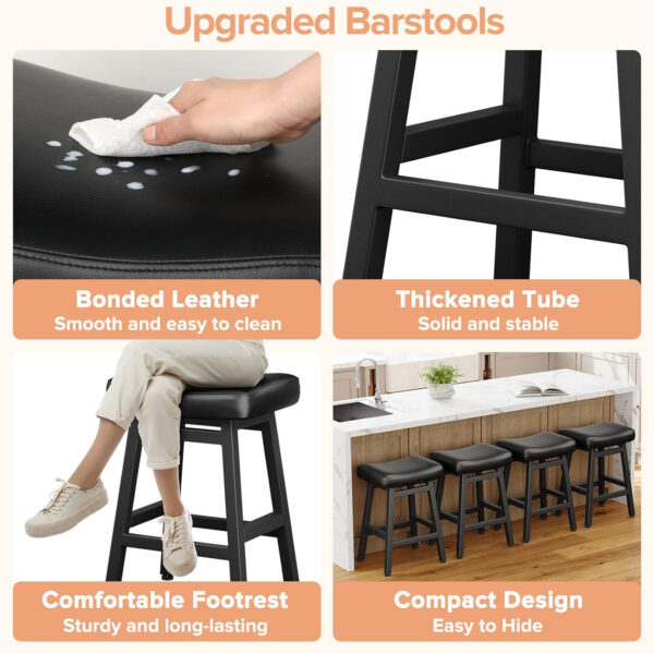Counter Height Bar Stools Set of 2, 24 Inch Barstools for Kitchen Counter, Kitchen Stools with Bonded Leather Saddle Seats & Heavy Duty Metal Legs, Easy Assembly, All Black