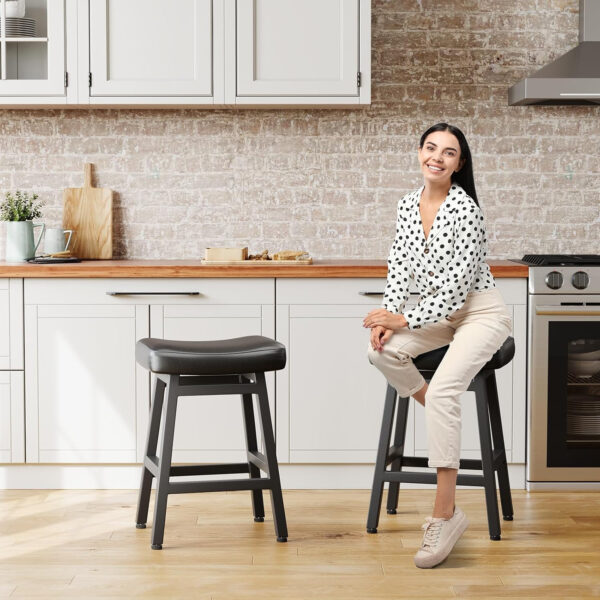 Counter Height Bar Stools Set of 2, 24 Inch Barstools for Kitchen Counter, Kitchen Stools with Bonded Leather Saddle Seats & Heavy Duty Metal Legs, Easy Assembly, All Black