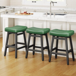 Counter Height Bar Stools Set of 2, 24 Inch Barstools for Kitchen Counter, Kitchen Stools with Bonded Leather Saddle Seats & Heavy Duty Metal Legs, Easy Assembly, All Black