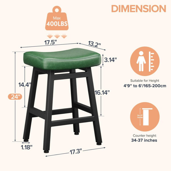 Counter Height Bar Stools Set of 2, 24 Inch Barstools for Kitchen Counter, Kitchen Stools with Bonded Leather Saddle Seats & Heavy Duty Metal Legs, Easy Assembly, All Black