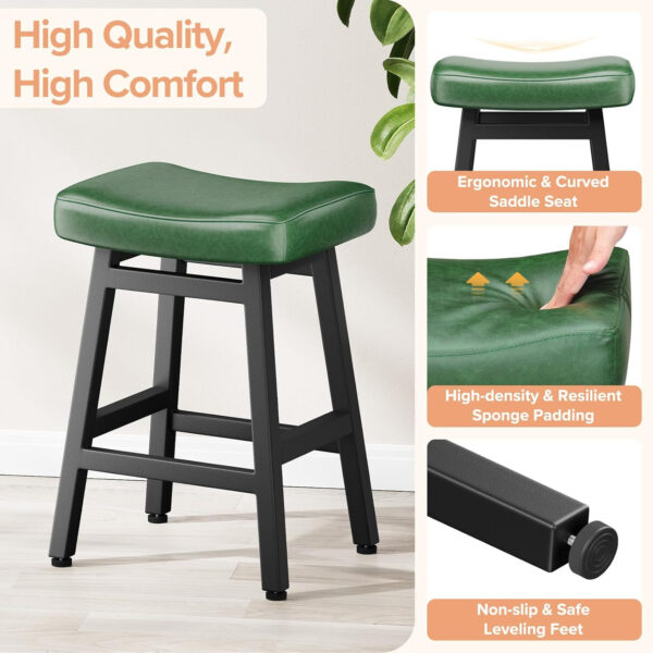 Counter Height Bar Stools Set of 2, 24 Inch Barstools for Kitchen Counter, Kitchen Stools with Bonded Leather Saddle Seats & Heavy Duty Metal Legs, Easy Assembly, All Black