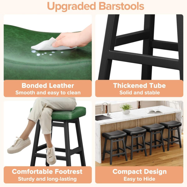Counter Height Bar Stools Set of 2, 24 Inch Barstools for Kitchen Counter, Kitchen Stools with Bonded Leather Saddle Seats & Heavy Duty Metal Legs, Easy Assembly, All Black