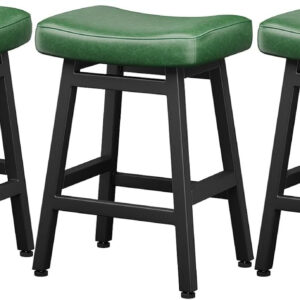 Counter Height Bar Stools Set of 2, 24 Inch Barstools for Kitchen Counter, Kitchen Stools with Bonded Leather Saddle Seats & Heavy Duty Metal Legs, Easy Assembly, All Black