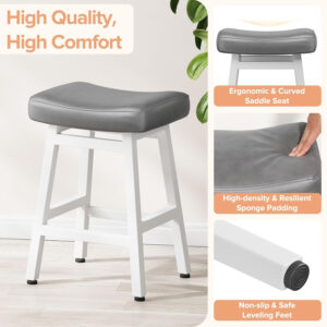 Counter Height Bar Stools Set of 2, 24 Inch Barstools for Kitchen Counter, Kitchen Stools with Bonded Leather Saddle Seats & Heavy Duty Metal Legs, Easy Assembly, All Black