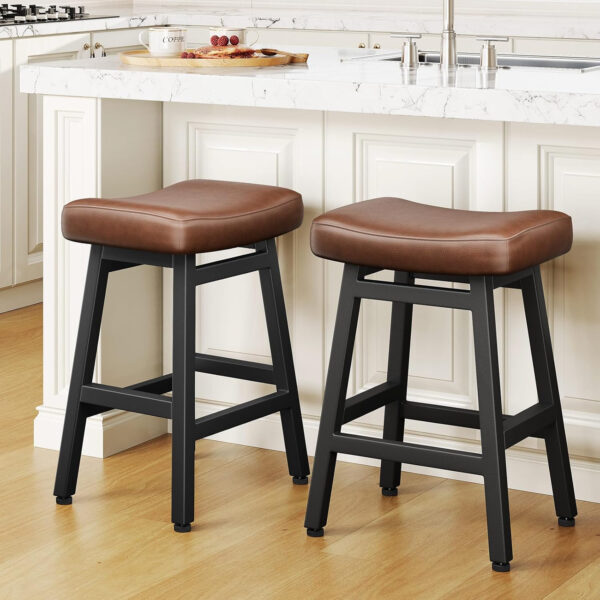 Counter Height Bar Stools Set of 2, 24 Inch Barstools for Kitchen Counter, Kitchen Stools with Bonded Leather Saddle Seats & Heavy Duty Metal Legs, Easy Assembly, All Black