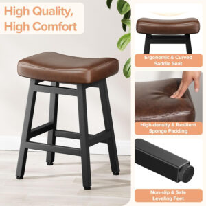Counter Height Bar Stools Set of 2, 24 Inch Barstools for Kitchen Counter, Kitchen Stools with Bonded Leather Saddle Seats & Heavy Duty Metal Legs, Easy Assembly, All Black