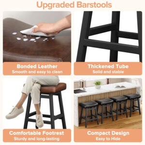 Counter Height Bar Stools Set of 2, 24 Inch Barstools for Kitchen Counter, Kitchen Stools with Bonded Leather Saddle Seats & Heavy Duty Metal Legs, Easy Assembly, All Black