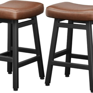 Counter Height Bar Stools Set of 2, 24 Inch Barstools for Kitchen Counter, Kitchen Stools with Bonded Leather Saddle Seats & Heavy Duty Metal Legs, Easy Assembly, All Black