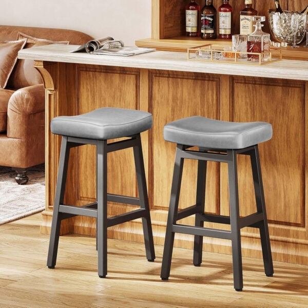 Counter Height Bar Stools Set of 2, 24 Inch Barstools for Kitchen Counter, Kitchen Stools with Bonded Leather Saddle Seats & Heavy Duty Metal Legs, Easy Assembly, All Black