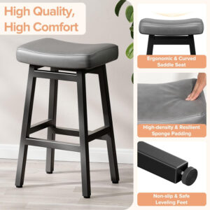Counter Height Bar Stools Set of 2, 24 Inch Barstools for Kitchen Counter, Kitchen Stools with Bonded Leather Saddle Seats & Heavy Duty Metal Legs, Easy Assembly, All Black