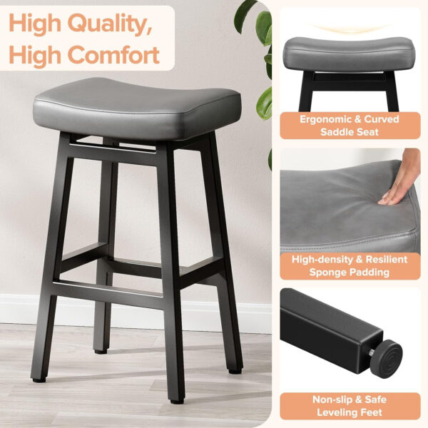Counter Height Bar Stools Set of 2, 24 Inch Barstools for Kitchen Counter, Kitchen Stools with Bonded Leather Saddle Seats & Heavy Duty Metal Legs, Easy Assembly, All Black