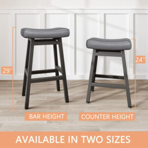 Counter Height Bar Stools Set of 2, 24 Inch Barstools for Kitchen Counter, Kitchen Stools with Bonded Leather Saddle Seats & Heavy Duty Metal Legs, Easy Assembly, All Black