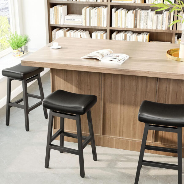 Counter Height Bar Stools Set of 2, 24 Inch Barstools for Kitchen Counter, Kitchen Stools with Bonded Leather Saddle Seats & Heavy Duty Metal Legs, Easy Assembly, All Black