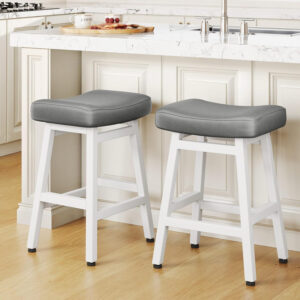 Counter Height Bar Stools Set of 2, 24 Inch Barstools for Kitchen Counter, Kitchen Stools with Bonded Leather Saddle Seats & Heavy Duty Metal Legs, Easy Assembly, All Black