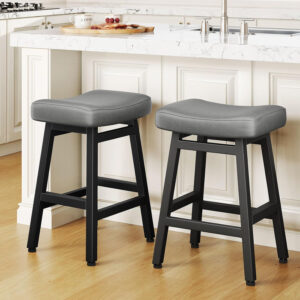 Counter Height Bar Stools Set of 2, 24 Inch Barstools for Kitchen Counter, Kitchen Stools with Bonded Leather Saddle Seats & Heavy Duty Metal Legs, Easy Assembly, All Black