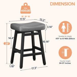 Counter Height Bar Stools Set of 2, 24 Inch Barstools for Kitchen Counter, Kitchen Stools with Bonded Leather Saddle Seats & Heavy Duty Metal Legs, Easy Assembly, All Black