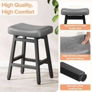 Counter Height Bar Stools Set of 2, 24 Inch Barstools for Kitchen Counter, Kitchen Stools with Bonded Leather Saddle Seats & Heavy Duty Metal Legs, Easy Assembly, All Black