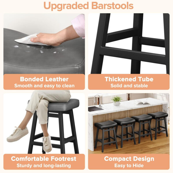 Counter Height Bar Stools Set of 2, 24 Inch Barstools for Kitchen Counter, Kitchen Stools with Bonded Leather Saddle Seats & Heavy Duty Metal Legs, Easy Assembly, All Black
