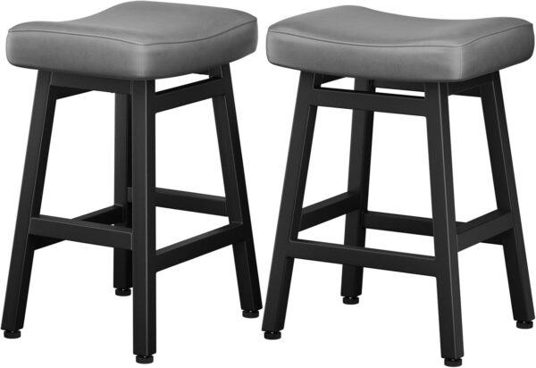 Counter Height Bar Stools Set of 2, 24 Inch Barstools for Kitchen Counter, Kitchen Stools with Bonded Leather Saddle Seats & Heavy Duty Metal Legs, Easy Assembly, All Black