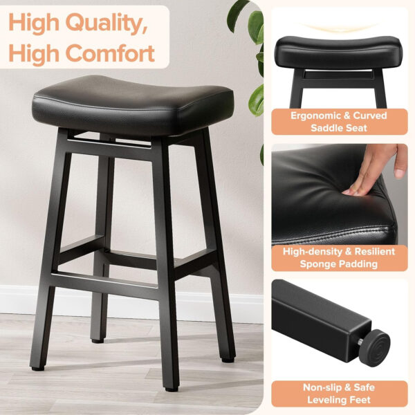 Counter Height Bar Stools Set of 2, 24 Inch Barstools for Kitchen Counter, Kitchen Stools with Bonded Leather Saddle Seats & Heavy Duty Metal Legs, Easy Assembly, All Black