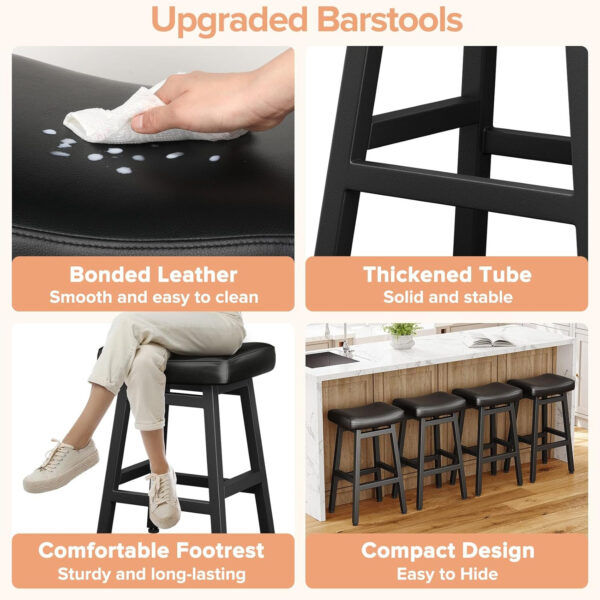 Counter Height Bar Stools Set of 2, 24 Inch Barstools for Kitchen Counter, Kitchen Stools with Bonded Leather Saddle Seats & Heavy Duty Metal Legs, Easy Assembly, All Black